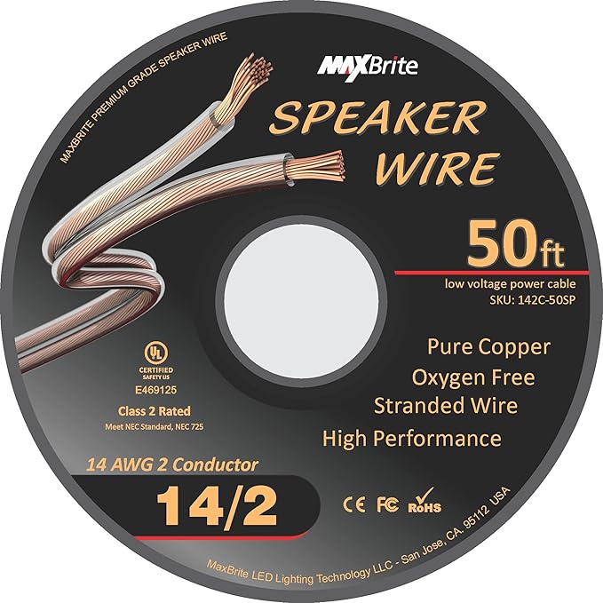 50 ft. Spool High Performance 14 Gauge Speaker Wire, Oxygen Free Pure Copper - UL Listed Class 2