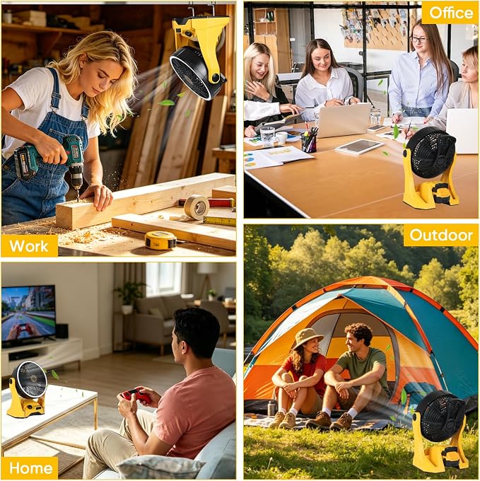 Cordless Fan for DeWalt 20V Battery – 10 Inch 650CFM Jobsite Fan for Construction Workers, Electricians & Garage Use | Variable Speed, 4.5Hr Runtime, USB-C Charging, Battery or AC Powered | Tool Only