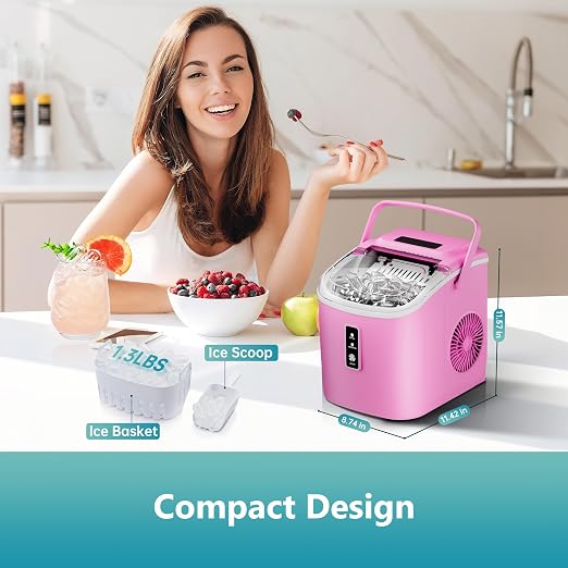 EUHOMY Countertop Ice Maker Machine with Handle, 26.5lbs Per Day, 9 Cubes in 6 Mins, Auto-Cleaning Portable Ice Maker with Basket and Scoop, for Home/Kitchen/Camping/RV (Pink)