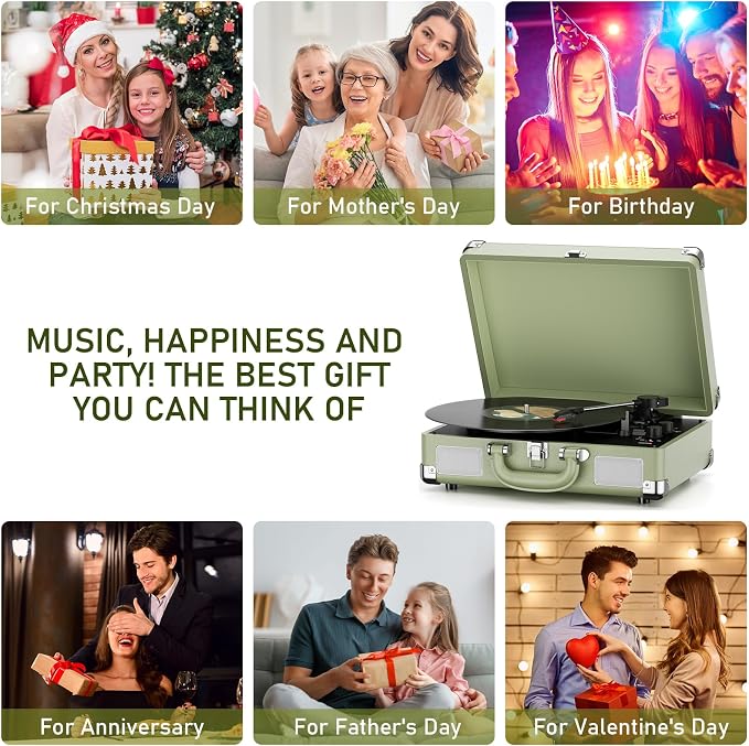 Vinyl Record Player 3-Speed Bluetooth Suitcase Portable Belt-Driven Record Player with Built-in Speakers RCA Line Out AUX in Headphone Jack Vintage Turntable,Aegean Green
