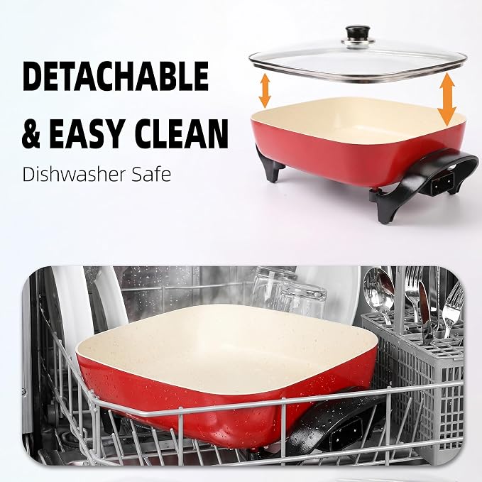 15'' Ceramic Nonstick Electric Skillet with Tempered Vented Glass Lid,Thermostat Control to Prevent Overheating,Removable Easy-to-Clean,Vibrant Red