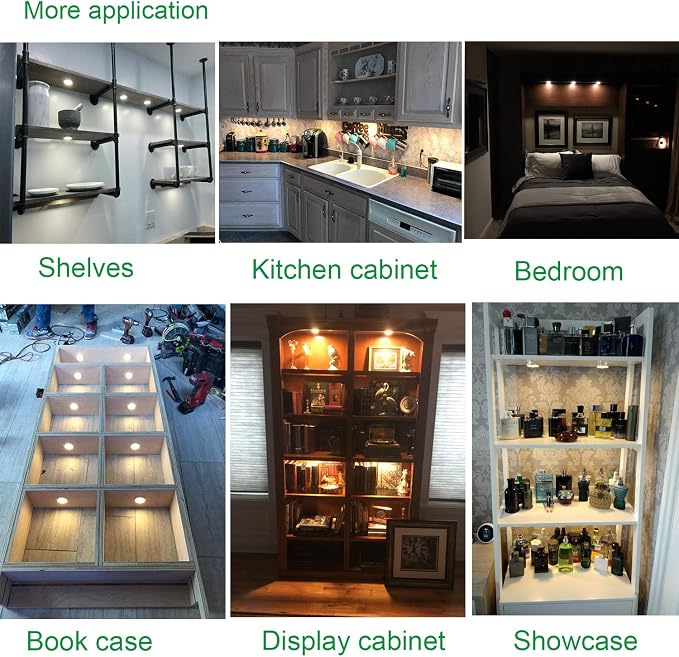 AIBOO LED Under Cabinet Lighting, 12V Under Counter Lights, Touch Dimming Puck Lights, Hardwired or Plug in with UL Listed Adapter, Updated Home Light, Accent Lights 24W (12 Lights Warm White)
