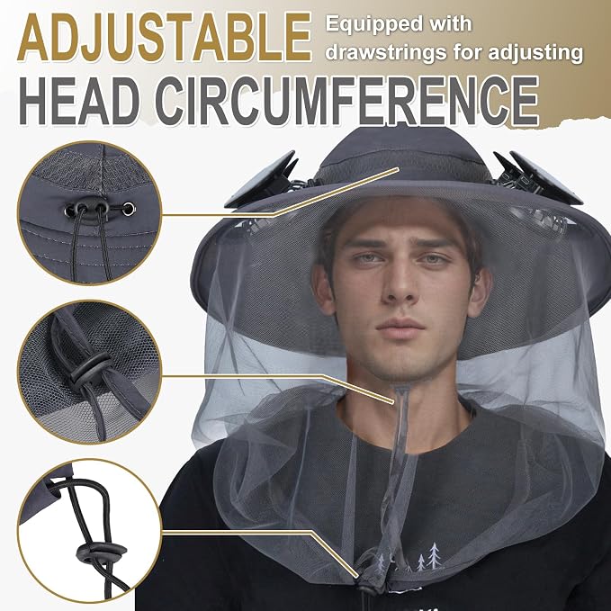 ayamaya Mosquito Net Hat with Fan Built-in, Wide Brim Solar Fan Hat with Netting, 3 Speeds Adjustable for Men Women Outdoor