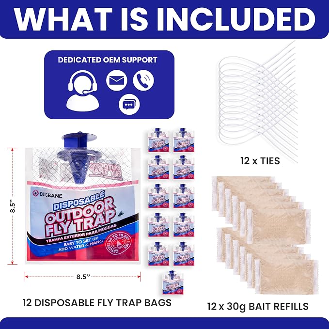 Fly Traps Outdoor Fly Trap for Patio. 12 Non-Toxic Pre-Baited Flies Bags Outdoor Disposable. Hanging Bug Catchers for All Filth Flies Killer for Outside Bug Control in Yard Horse Ranch Trash Can