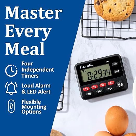 San Jamar Escali Four Channel Digital Kitchen Timer – TMDGTE - Digital Timer for Restaurants, Catering, Multi-Tasking, Kickstand Display, Stopwatch & Clock, 19hr 59min Max, Battery Operated