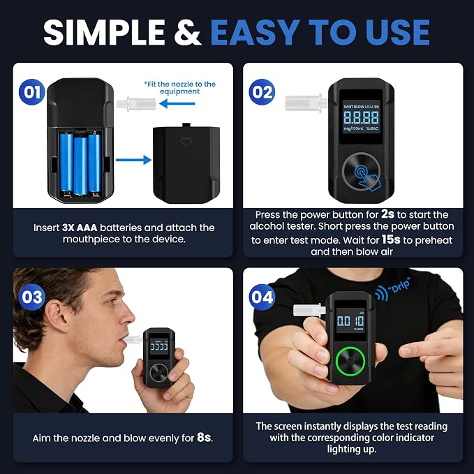 VXF Breathalyzer, Portable Alcohol Breathalyzer Tester with LCD Display & Indicator Ring, Professional-Grade Accuracy, Includes 30 Replaceable Mouthpieces, for Personal & Party Use