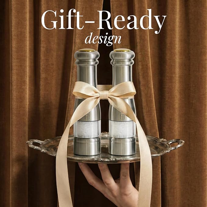 Electric Salt and Pepper Grinder Set - Styled Settings Stainless Steel Salt and Pepper Grinder Set with LED Light, Adjustable Coarseness, Battery Operated, Wood Base