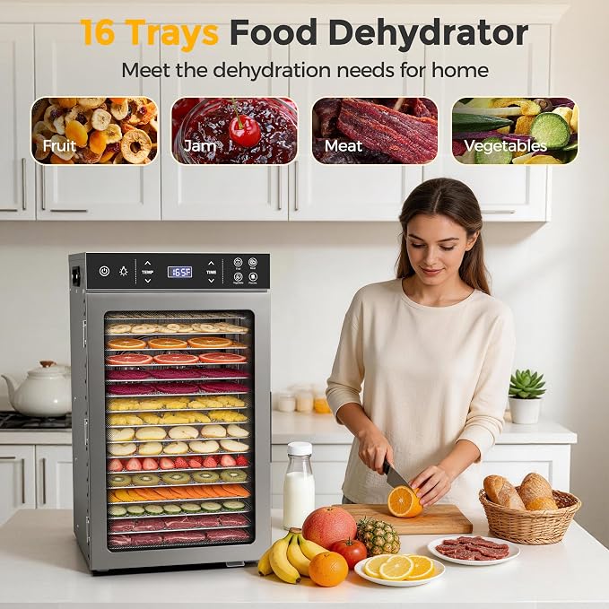 Suteck Food Dehydrator with 16 Stainless Steel Trays, 800W Dehydrator Machine with Dual Fans & 360° Airflow, Digital Temp & Time Control with 4 Presets, Quiet Food Dryer for Jerky, Fruit, Flower, Meat