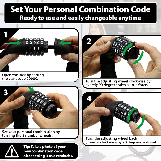 KOHLBURG Extra Long Bicycle Combination Lock - 3.8 ft Chain & 0.24” Strong Number Combination Bike Lock - Secure Chain Lock Almost 4 ft - Security 5-Digit Bike Lock Combo for Bicycle & e-Bike