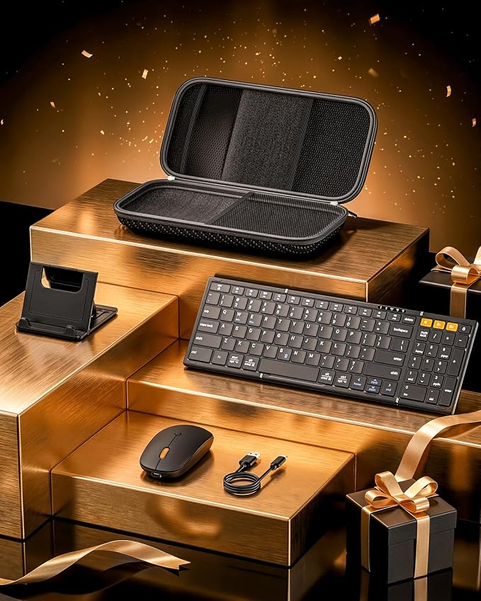 MoKo Foldable Keyboard and Mouse Combo, 2.4G+BT5.0 x 2, Full-Size Portable Folding Bluetooth Keyboard Set for Business Travel, USB-C Rechargeable Wireless Mouse with Bag for Laptop iPad Tablet