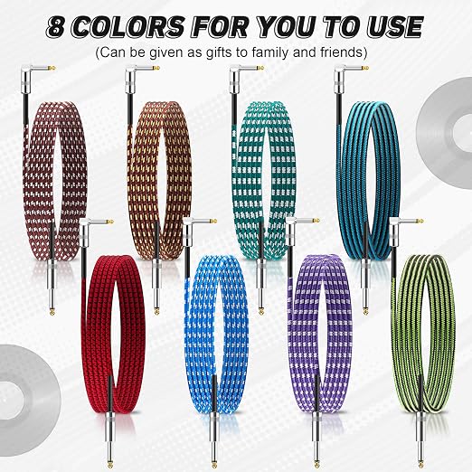 Rigibright 8 Pack 10FT Instrument Cable - Guitar, Bass, Keyboard, Microphone & Mixer Amp Cord (8, Multicolored-Series B)