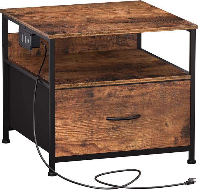 Unionly 180 lb Mini fridge Table with Drawer fridge Shelf, Smal fridge cabinet with storage,Heavy Duty Mini Fridge Standwith Charging Station, 4 Adjustable Feet for Home Kitchen Rustic Brown