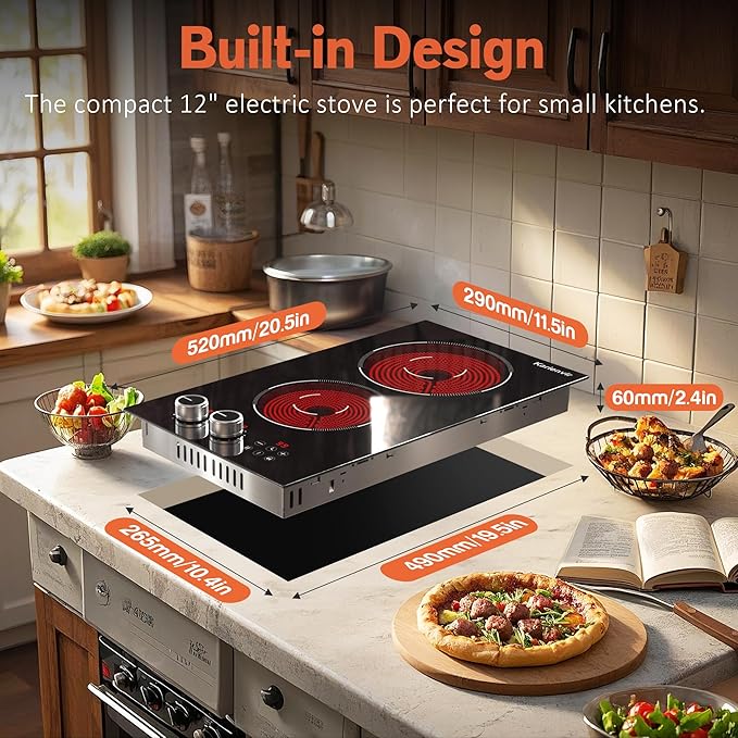 2 Burner Electric Cooktop 110V with Plug Karienvir, 2000W Electric Stove Knob & Touch Control, 12 Inch Stove Top Bunrer, 9 Power Levels, Safety Lock, Timer, Pause Function
