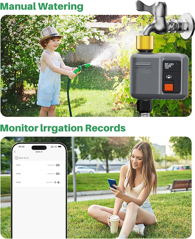 WiFi Water Timer for Garden Hose(2 Valves+1 WiFi Hub),WiFi Sprinkler Controller with 984ft RF Range,Strong Wall Penetration, Alexa&Google Voice/App Control WiFi Hose Timer with Rain Delay,Manual Mode