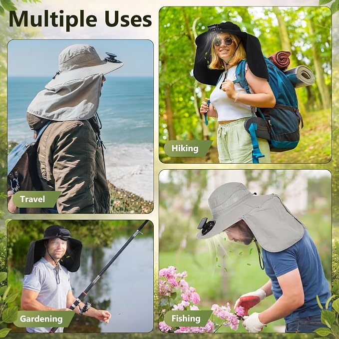 Maiteenly 2 Pcs Solar Fan Hat for Men with Neck Flap Bucket Fan Buit in Hats for Hiking Fishing Outdoor USB and Solar Powered