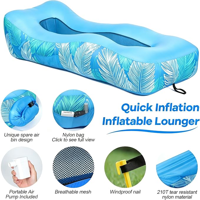 Inflatable Lounger Air Sofa with Unique Sun-Shade, Waterproof Inflatable Beach Bed with Electric Pump, Lightweight Air Hammock Chair for Hiking Backyard Travel Beach Park Picnics(SkyBlue)