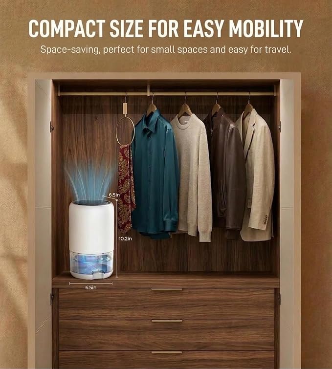 Dehumidifier for Bedroom Closet and RV Camper, Portable Quiet Small Space Dehumidifiers 35oz Water Tank Moisture Absorber for Home Bathroom Up to 250 Sq Ft, 7-Color Night Light & Auto Shut-Off