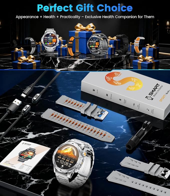 FITFLEX Military Smart Watches for Men with Answer/Make Call, 1.53“ HD Smart Watch with 1000 mAh Battery/LED Torch/120+Sports/Waterproof IP68, Watch for Men Compatible with Android/iOS(Silver)