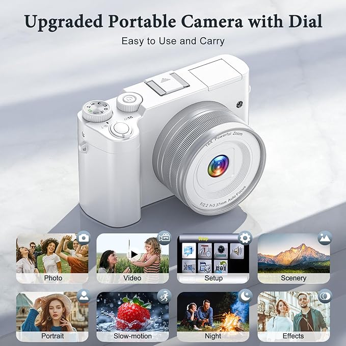 4K Digital Camera - 64MP Front & Rear with Autofocus & Anti-Shake, 3'' Selfie Vlogging Camera, Ultra Bright Flash, 16X Zoom (White)