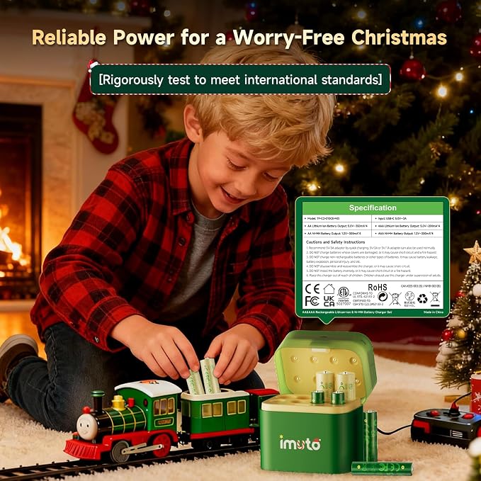 imuto AA & AAA Rechargeable Battery Kit with 8-Slot USB-C Charger | 4 Pcs 3600mWh AA, 4 Pcs 1300mWh AAA, Christmas Style Charger Compatible with NiMH & Li-ion, Ideal for home electronics