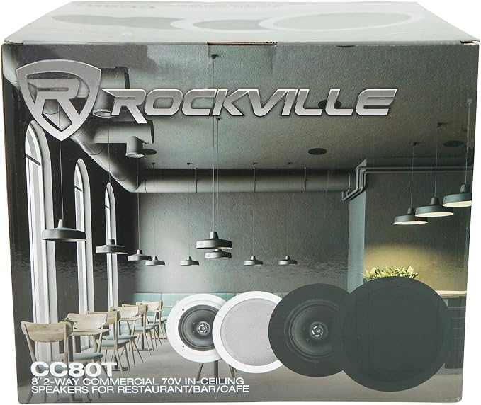 Rockville Pair CC80T White 8" 70V Commercial Ceiling Speakers | 2-Way, Adjustable Taps 20W, 15W, 10W, 5W, 2.5W, Swivel Tweeter, 8-Ohm 50W Handling, for Restaurant/Bar/Cafe Use