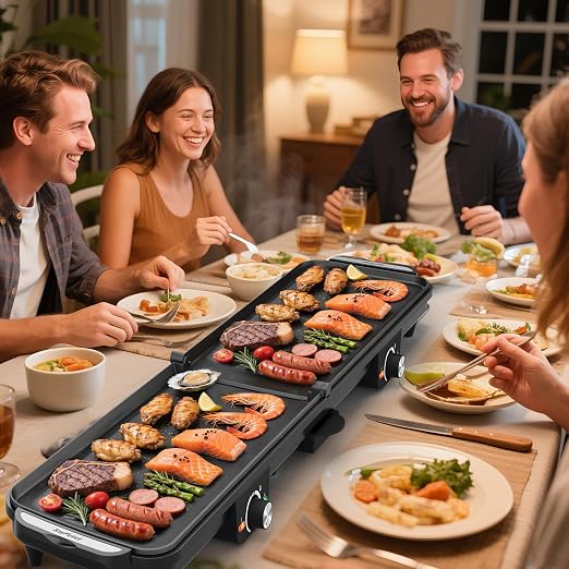 Electric Griddle Indoor, 1600W Large Flat Top Grill with 17.5" x 9" Nonstick Plates, 2 Cooking Zone with Adjustable Temp, Pancake Egg Maker with Drip Tray, Indicator Light
