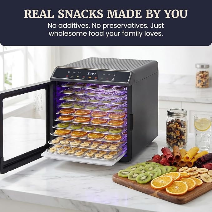 Elite Gourmet 10-Tray Food Dehydrator Machine, Digital Temp & Timer (95–167°F), Stainless Steel Trays, Jerky Maker, Fruit & Herb Dryer, Yogurt Maker, 48 Hour Timer, Mesh & Fruit Roll Trays, Black
