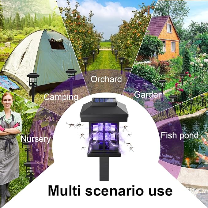 4 Pcs Solar Bug Zapper Outdoor Waterproof 2 in 1 Mosquito Zapper Solar Powered Mosquito Fly Trap Repellent Lamp Kills Bugs LED Lamp with Flame Purple Light for Garden Patio Yard Lawn (Black)