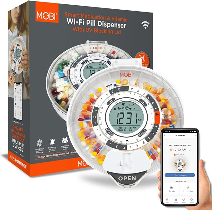 MOBI Smart WiFi Automatic Pill Dispenser with Alarm & Lock – 28 Day Smart Medication Organizer for Elderly & Caregivers – WiFi App Control, Sound & Light Alerts, UV Lid, for Perscriptions & Vitamins