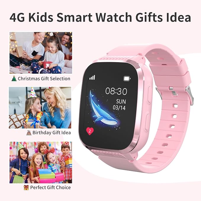 4G Kids Smart Watches Girls with GPS Tracker & Call Phone, Kids Watch for Girls Age 5-12 with SOS Calling, School Mode Parental Controls 12/24 Hr Text Message HD Video Call Voice Chat (Pink)