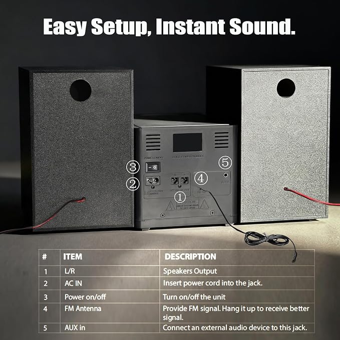 Home CD Stereo Shelf System, 30W Micro HiFi System (with CD Player, FM Radio, Bluetooth 5.3, USB Playback, AUX-in, Headphone Jack, Remote Control, DSP-Tech