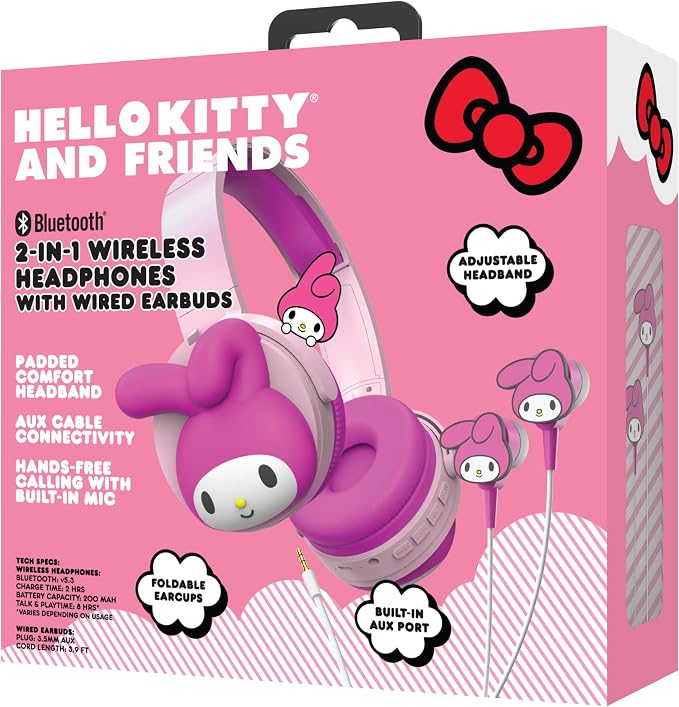 Hello Kitty 2-in-1 Wireless Bluetooth Headphones with Wired Earbuds – Foldable Over-Ear Headset with Built-in Mic, AUX Cable, Adjustable Headband, and Onboard Controls – My Melody