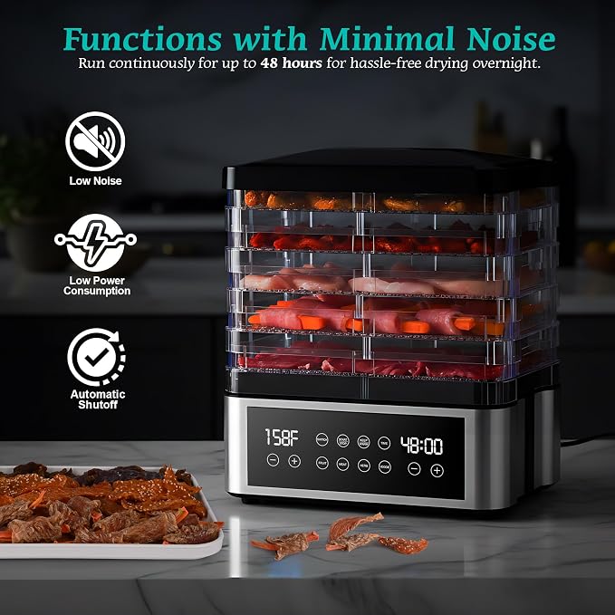 Food Dehydrator, One-Touch Dehydrator with Automatic Temperature Control 5 BPA-Free 11.4" Trays for Jerky, Dog Treats, Herbs, Meat, Fruit, and Yogurt