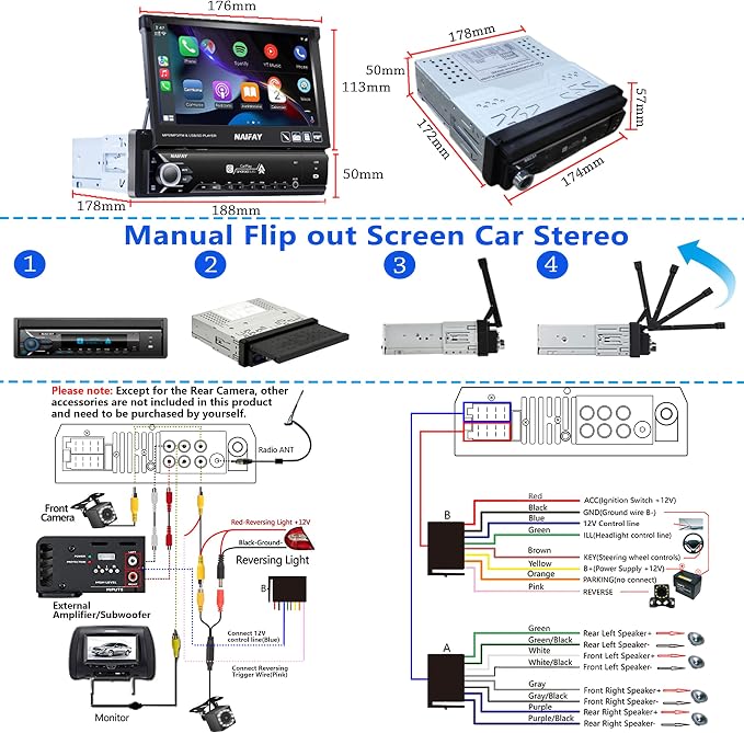 Naifay Single Din Touchscreen Car Stereo with Carplay & Android Auto, 7inch Flip Out Screen Car Stereo with Bluetooth Car Audio Receivers, Backup Camera, FM Radio/Mirror Link/USB/AUX/TF/Subwoofer