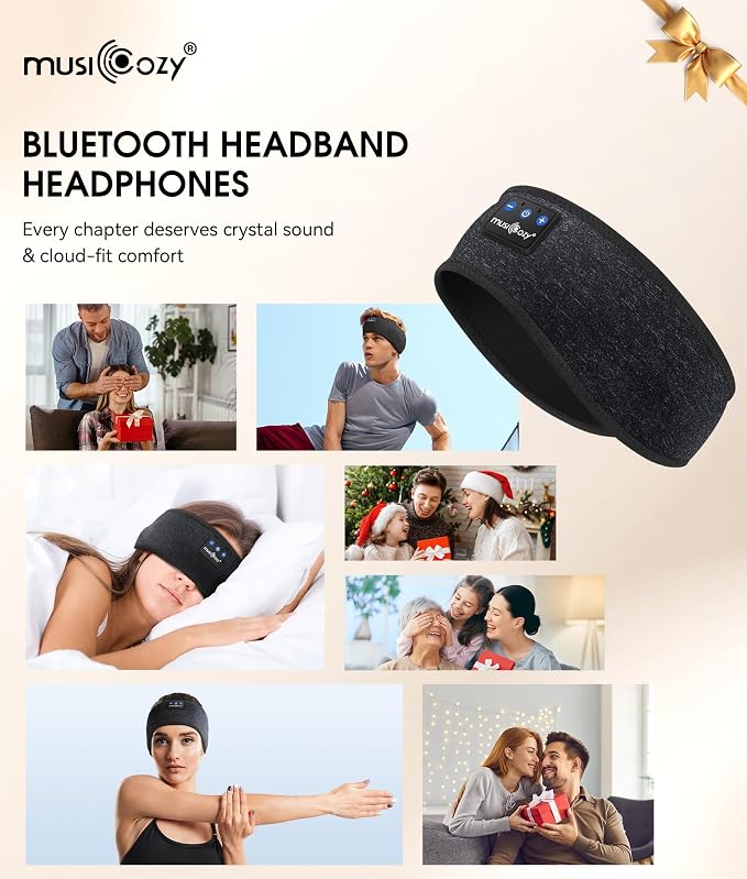 MUSICOZY Sleep Headphones Bluetooth 5.4 Headband, Wireless Earphones Music Sleep Earbuds Sleeping Eye Mask with HD Stereo Speakers for Workout Running Travel Yoga, Ideal Gifts for Men Women Mom Dad