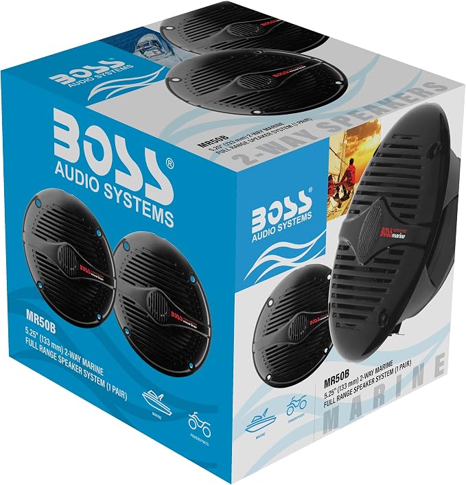 BOSS Audio Systems MR50B 5.25 inch Marine Stereo Boat Speakers - 150 Watts (pair), 2 Way, Full Range Audio, Tweeters, Coaxial, Weatherproof, Sold in Pairs