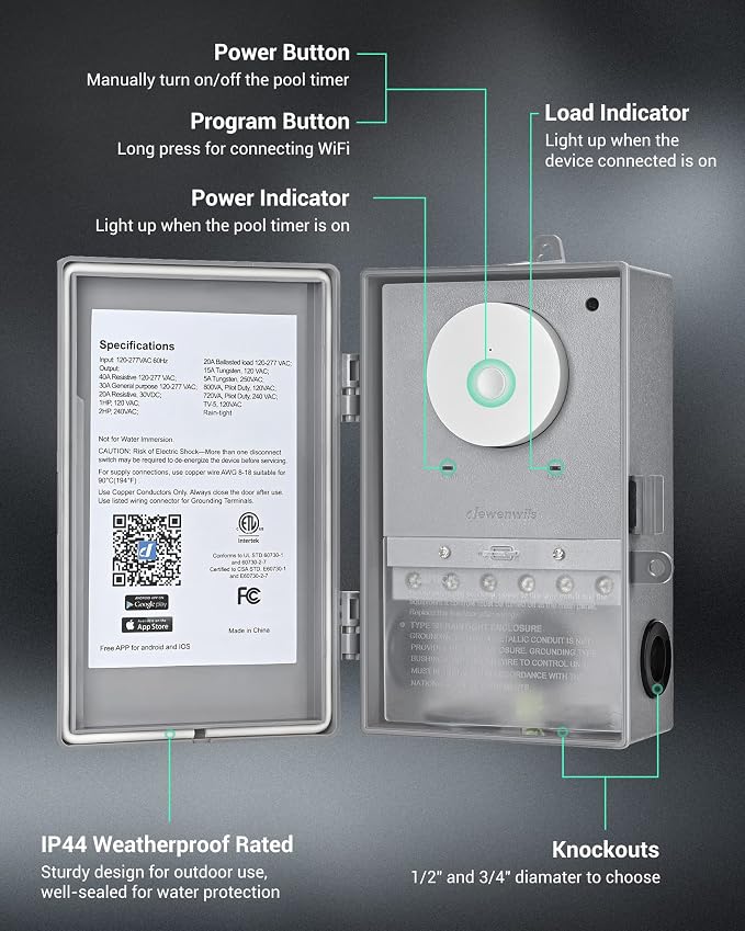 DEWENWILS WiFi Pool Pump Timer, Heavy Duty 40A 120-277 VAC 2HP Wireless Smart Controller for Pool, Water Heater, Works with Alexa, Google Assistant, Smart Life, ETL Listed
