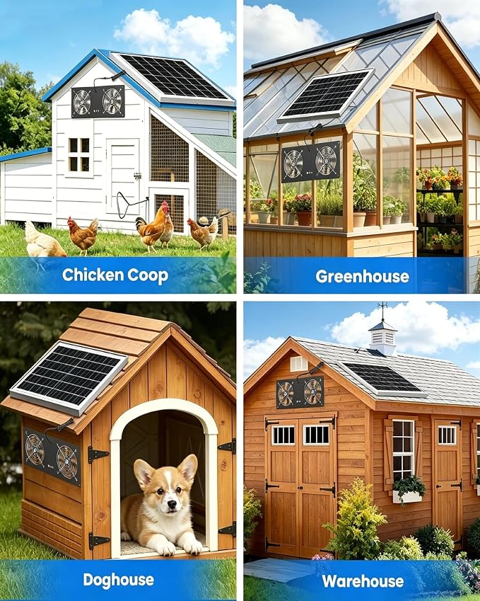 40W Solar Powered Fan for Chicken Coop with 15000mAh Battery & Timer | 5" Double-Head Solar Exhaust Fan, Usable At Night, Quiet Waterproof High Airflow, for Outdoor,Greenhouse,Sheds,Pet Houses