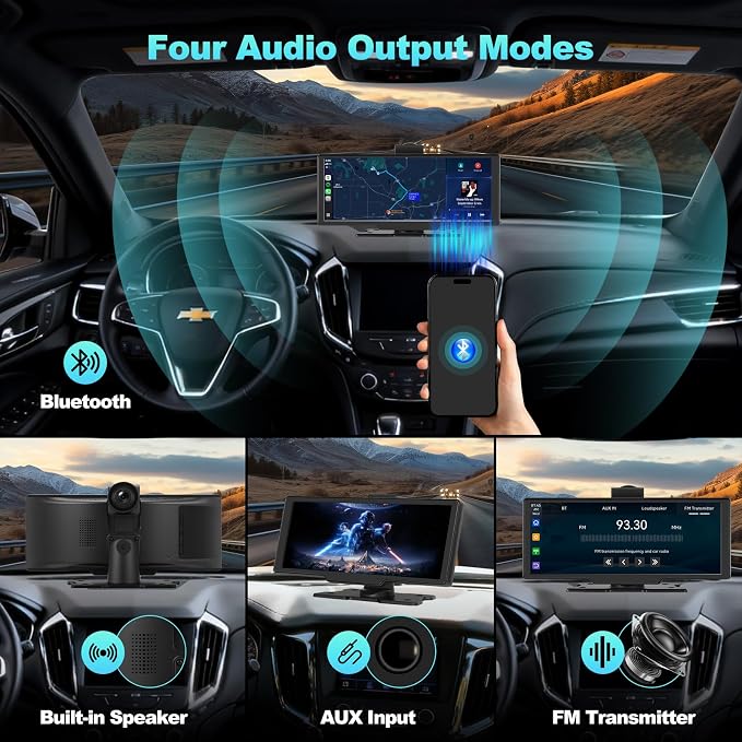 Portable Apple CarPlay Screen for Car, 10.26“ Wireless CarPlay & Android Auto Touch Screen Voice Control Navigation, 4K Dash Cam & 1080P Backup Camera DVR Recording Plug & Play for Car Truck