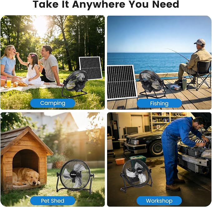 12'' Solar Powered Fan with 35W Solar Panel, Rechargeable Battery Operated Floor Fan with 23FT Cable, Cordless Portable Outdoor Fans for Home, Camping, Chicken Coop, Greenhouse, Power Outages