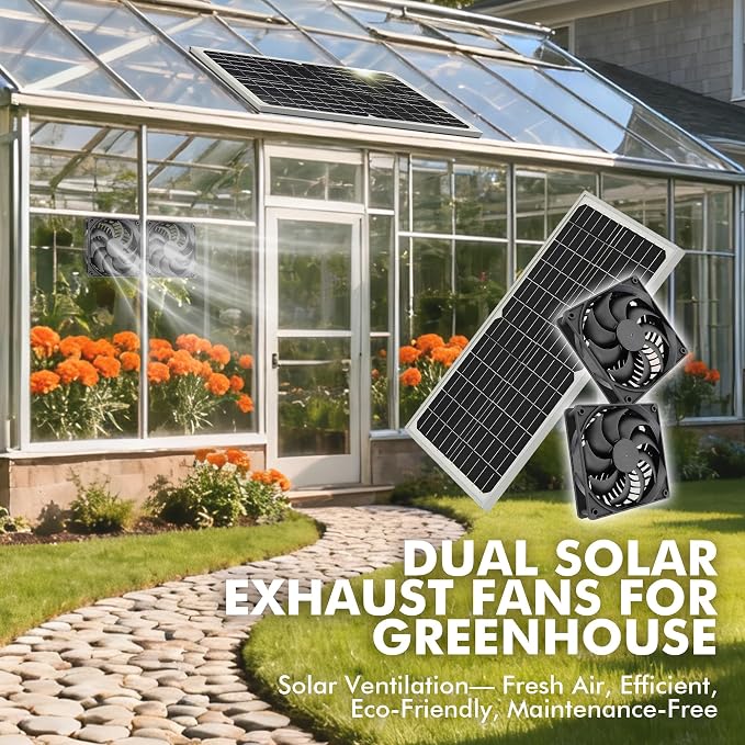 Dual Solar Powered Fan for Chicken Coop, Greenhouse & Shed,4.7" | Waterproof Window Fans, Solar Fan for Chicken Coops, Pet House, Ventilation Cooling Kit, On/Off Switch, 6.6ft Extension Cable