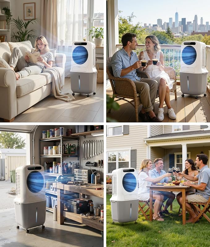 Portable Evaporative Swamp Cooler - Portable Air Conditioner with 3 Modes & 3 Speeds, 6.6 Gallon Cold Air Cooler, Cooling Fans that Blow Cold Air for Home, Office, 2 Ice Packs