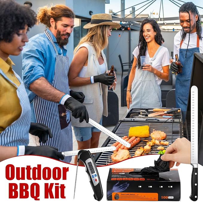 BBQ Set 55 Pack Heat Resistant Gloves, Brisket Carving Knife, and Digital Meat Thermometer for Outdoor Barbecue Cooking Baking Smoking BBQ & Grilling Accessories