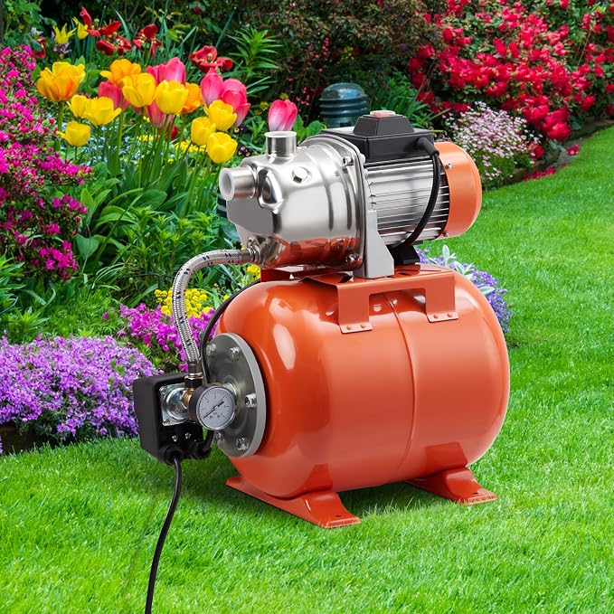 Garvee 1.6HP Shallow Well Pump with Pressure Tank, Stainless Steel, 115V Irrigation Pump, Automatic Water Booster Jet Pump for Home, Garden, Lawn