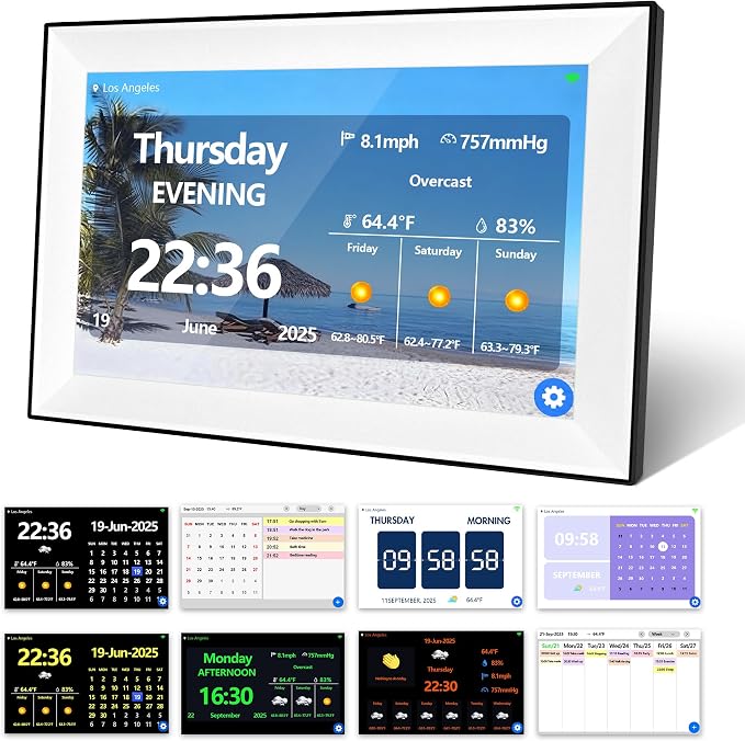 WiFi 10.1 Inch Digital Alarm Clock for Seniors, Large Display with Day/Date Smart Touchscreen Electronic Calendar 64 Alarms 64 Reminders Dementia Alarm Clock for Elderly(White)