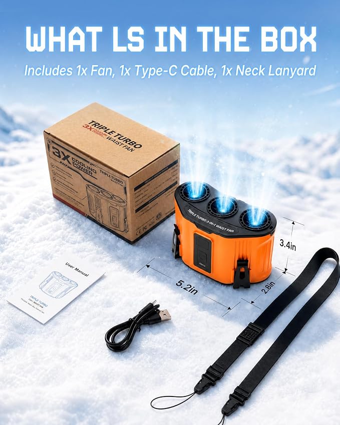 Portable Personal Fan: 3-Motor Hands-Free Waist Fan with 12,000mAh Battery & 5-Speed Airflow – Powerful Cooling for Construction Sites, Camping, Hiking & Travel-Belt Fan-Orange