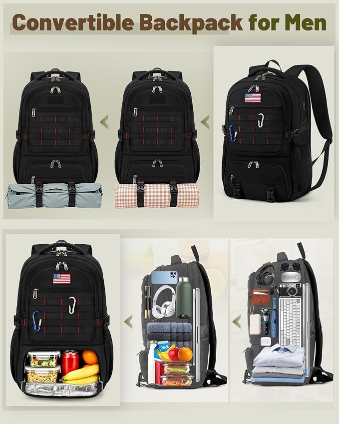 RAINSMORE Laptop Backpack with Lunch Compartment,40L Large Capacity Lunch Backpack for Men Work Backpack with USB Post Insulated Cooler Backpack for Work, Travel, Picnic, Black