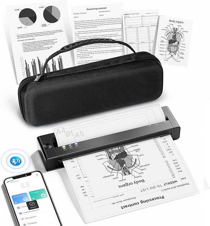 TATTMUSE Portable Printer Wireless for Travel with a Carry Case, Inkless Thermal Printers Support 8.5" X 11" US Letter Size, Bluetooth Mobile Small Printer Compatible with iPhone Android Laptop