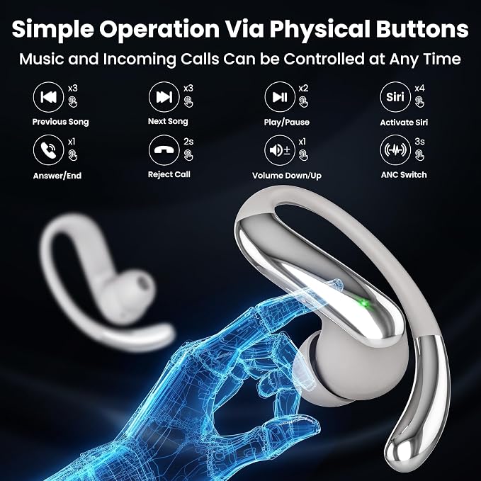 Bluetooth Headphones Wireless Earbuds Bluetooth 6.0 Headphone, Sport Bluetooth Earbuds Stereo Deep Bass Over Ear Bud with Earhooks,50Hrs Playtime, IP5 Waterproof Earphone for Gym/Running/Workout Beige
