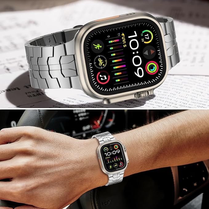 MioHHR Stainless Steel Band Compatible with Apple Watch Band 49mm 46mm 45mm 44mm 42mm(Series 3/2/1), Adjustable Metal Band for Men iWatch Series 10 9 8 7 6 5 4 3 2 1 SE SE2 SE3 Ultra3/2/1, Silver